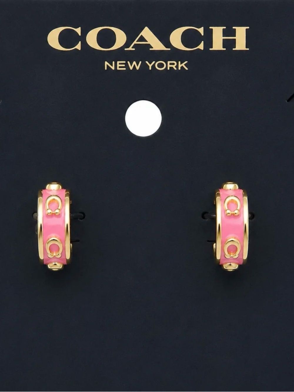 NWT COACH Pink Gold Enamel Signature C Logo Mini Huggie Hoop Earrings